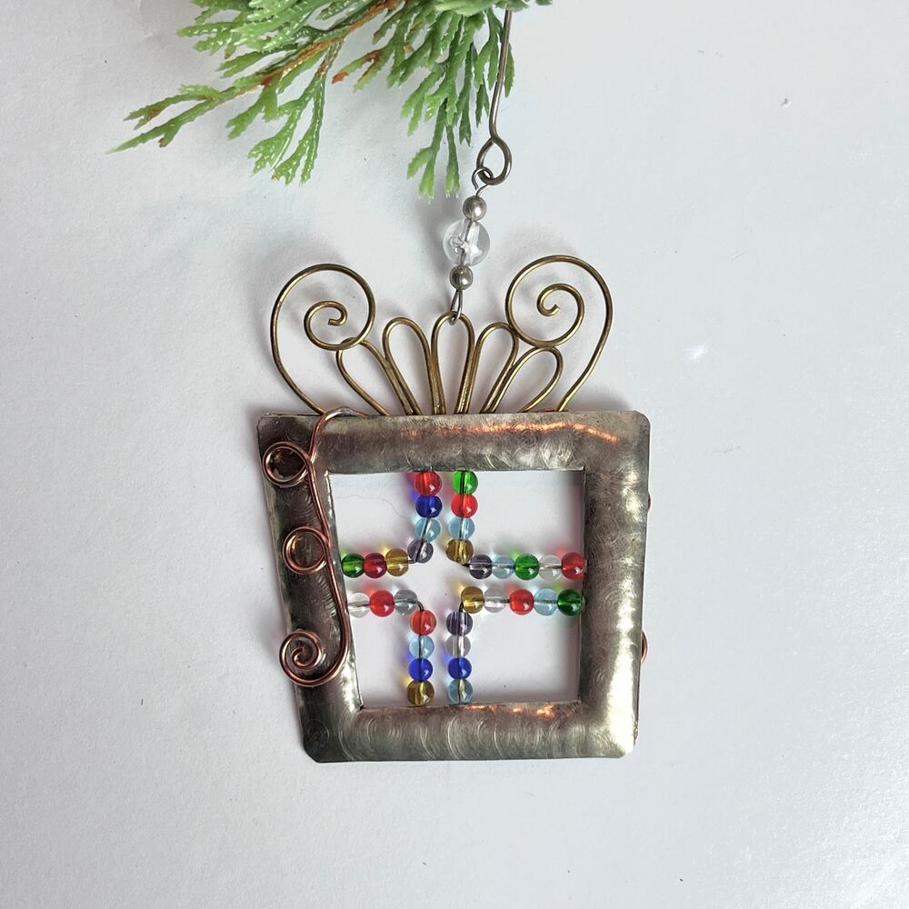 Handcrafted Mixed Metal & Beads Christmas Package Ornament with Hanger Whimsical